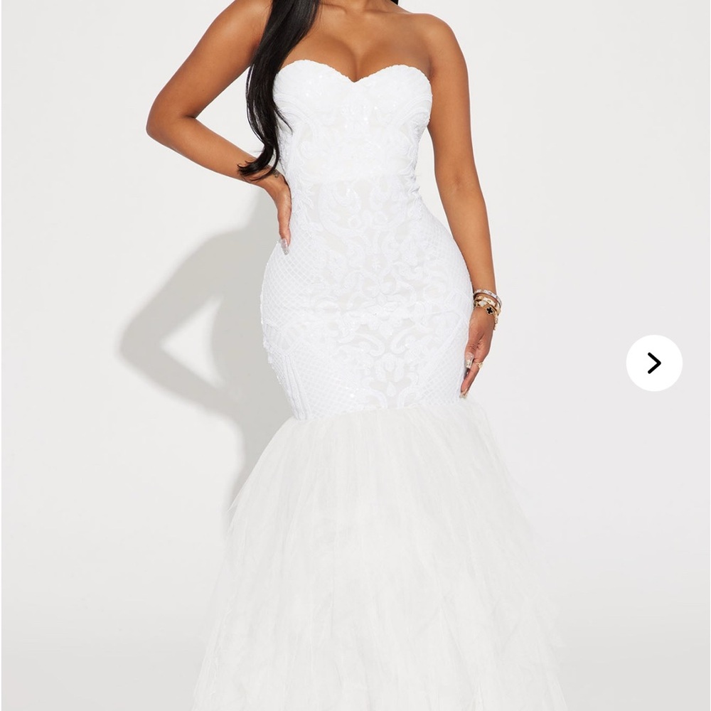 White Sequin Embellished Strapless Gown